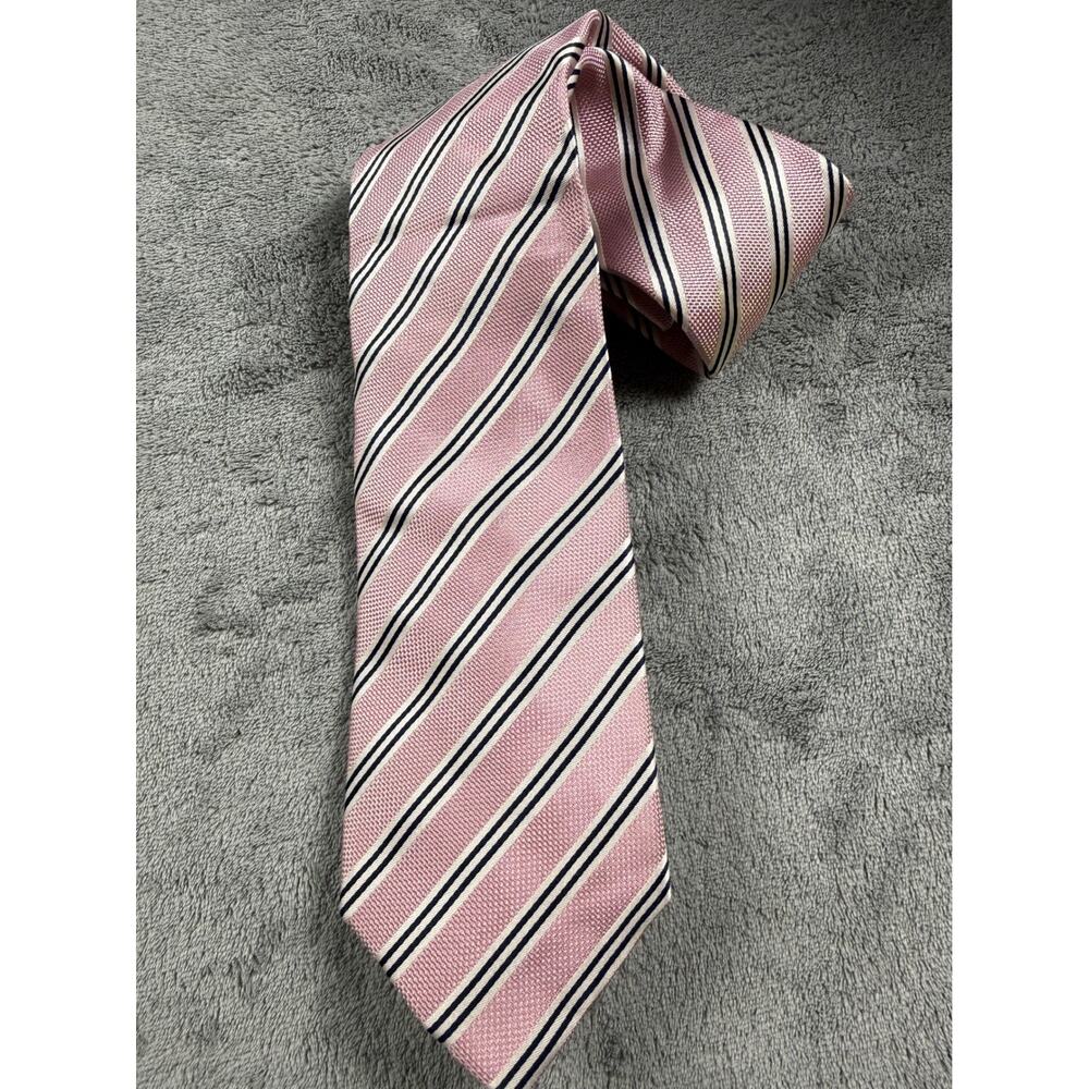 Countess Mara Mens Pink Navy Blue White Striped 100% Silk Hand Made Necktie Tie